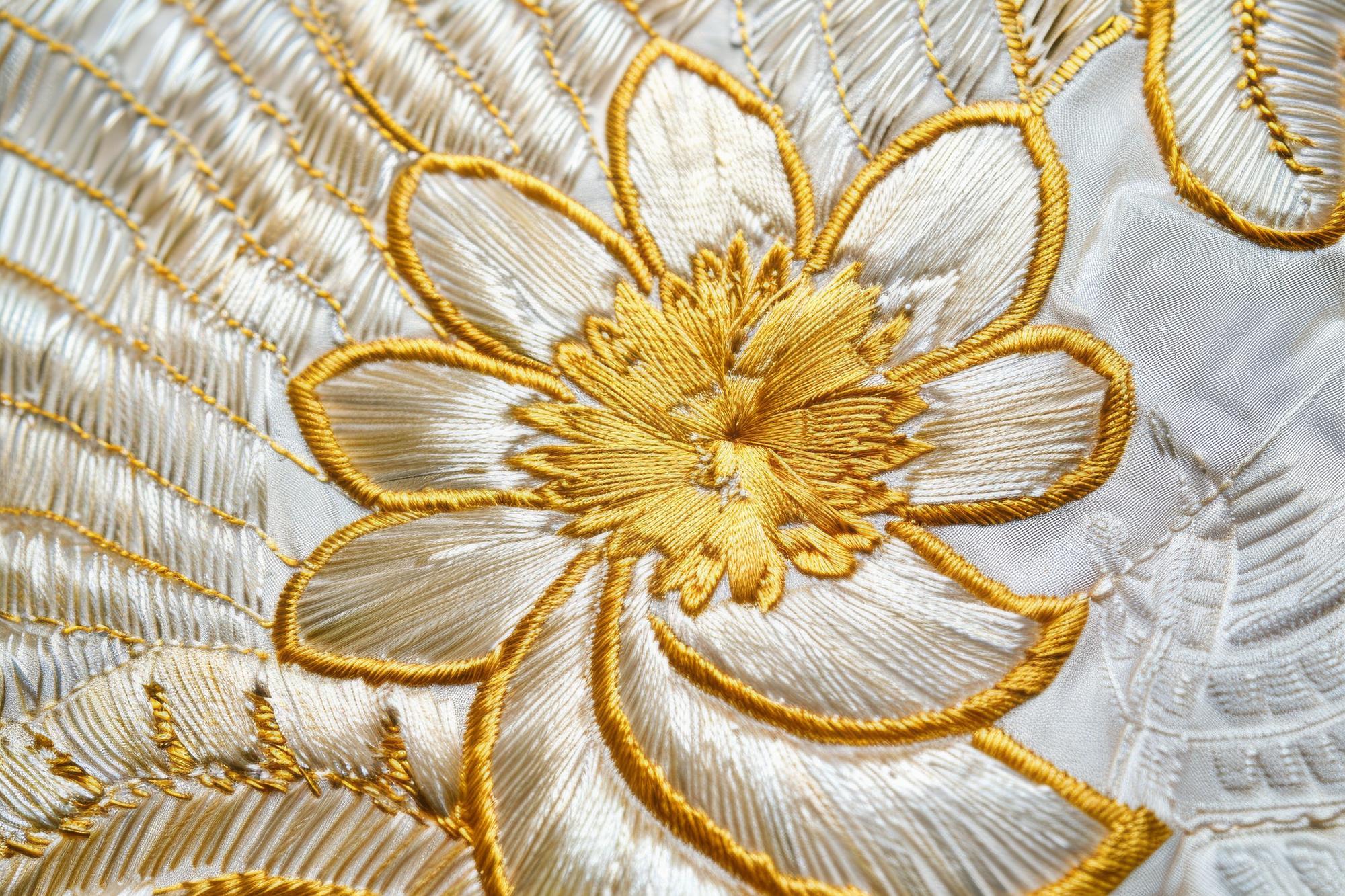 Gold thread floral embroidery close-up